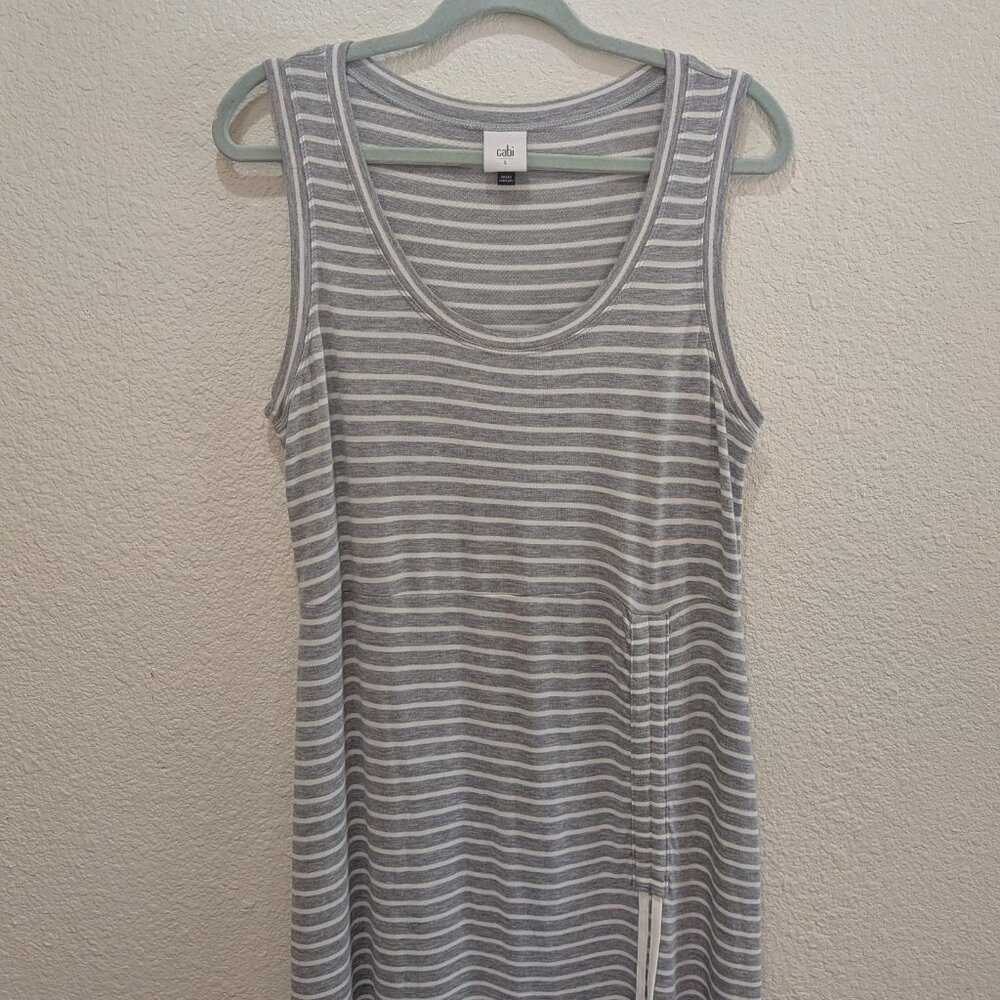 Cabi Stripe Easy Dress Midi Sleeveless Grey White Stripe Large Rouched  5974 - Picture 3 of 11